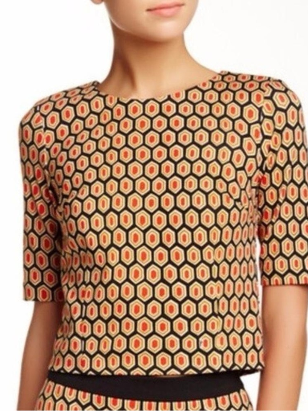 Trina Turk Beige, Black and Orange Geometric Short Sleeve Top